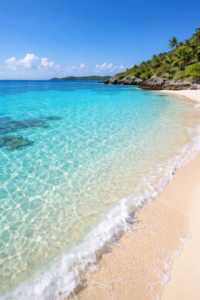 Pristine white sand beach and turquoise ocean in Okinawa, Japan.