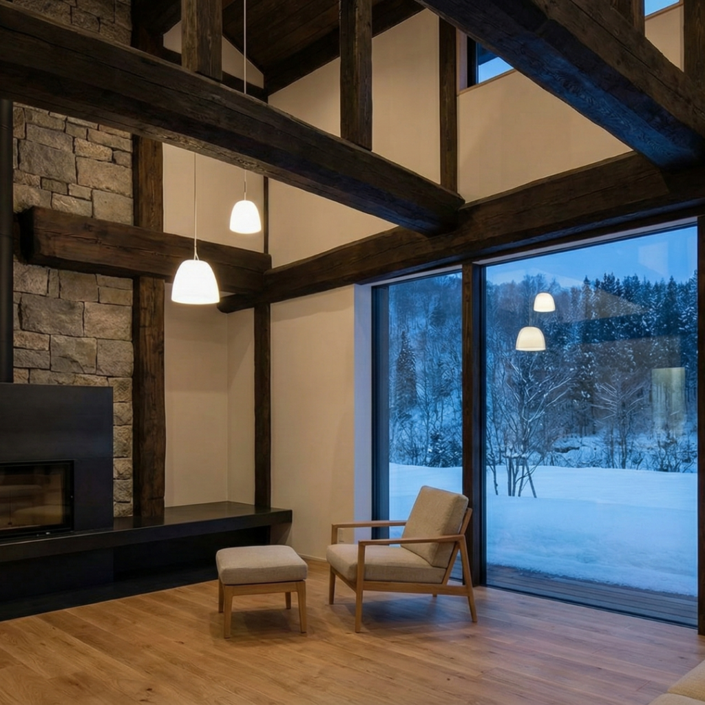 A high-quality architectural photograph focusing on the details of a traditional Niigata farmhouse that has been tastefully modernized.