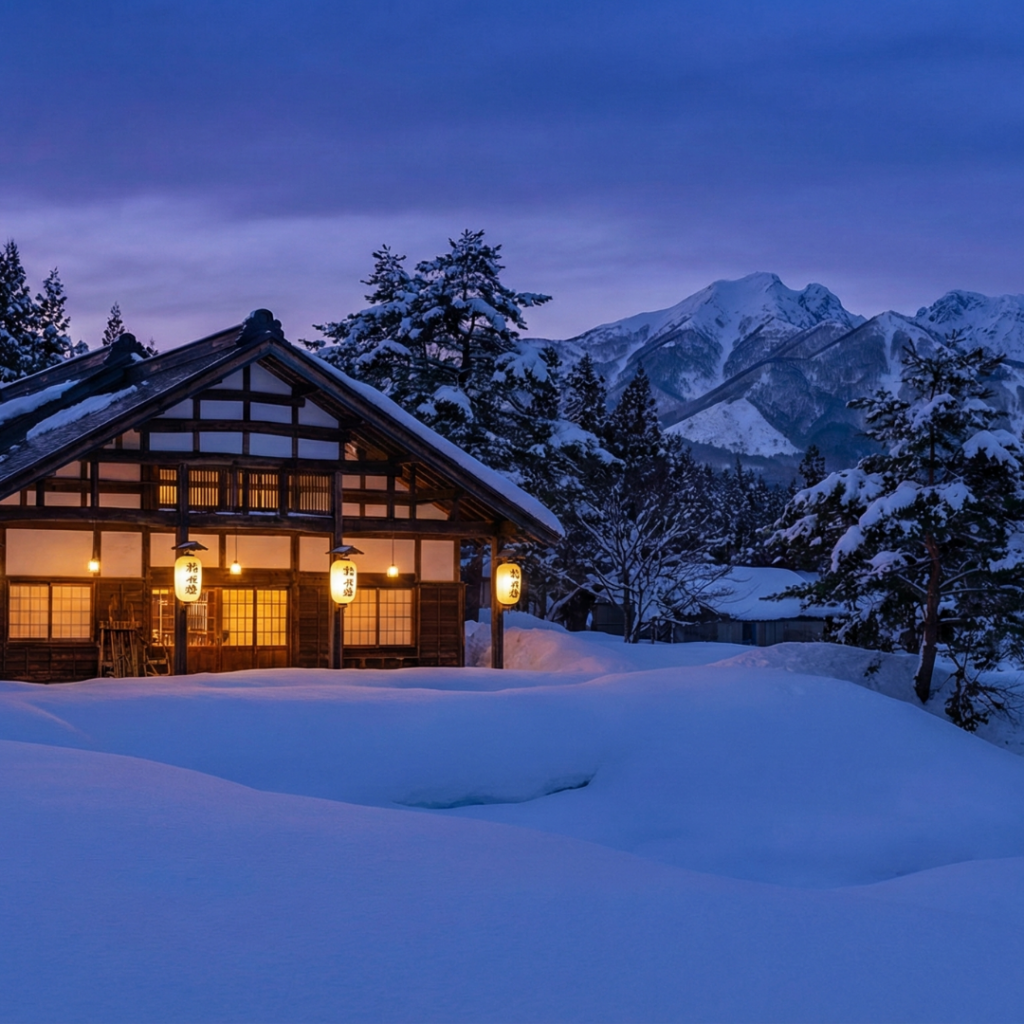 It shows a beautifully designed, warm-lit lodge or traditional Japanese building buried deep in pristine, untracked snow.