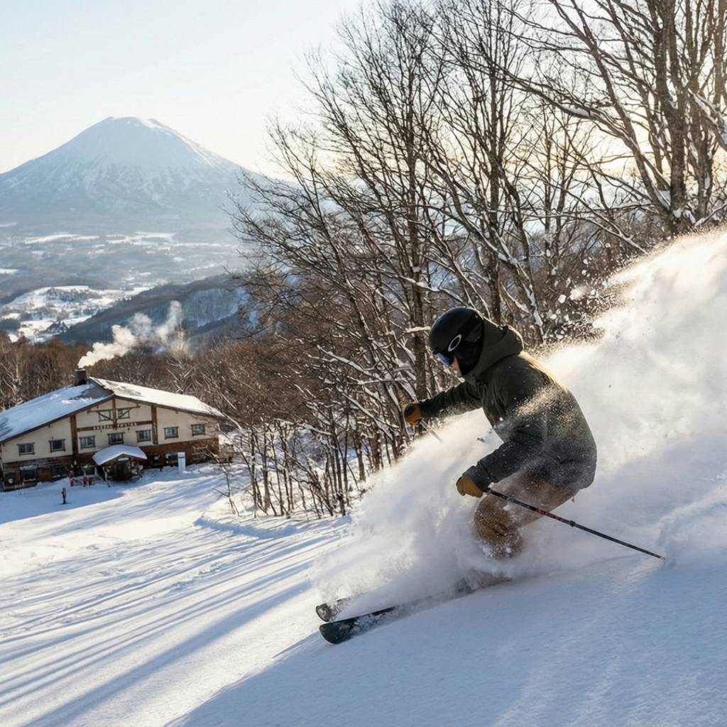 A skier carving through deep powder snow in Madarao, showcasing the region's famous tree skiing and its status as a high-value investment alternative to Niseko.