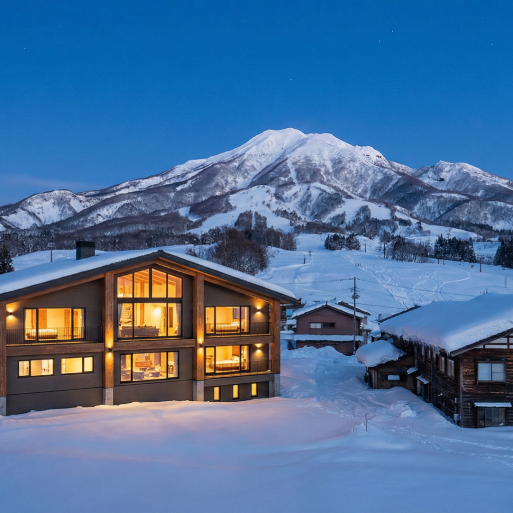 Luxury ski chalet glowing at dusk in Myoko Kogen, with the snow-covered Mount Myoko in the background, representing the rise of high-end real estate in Niigata.