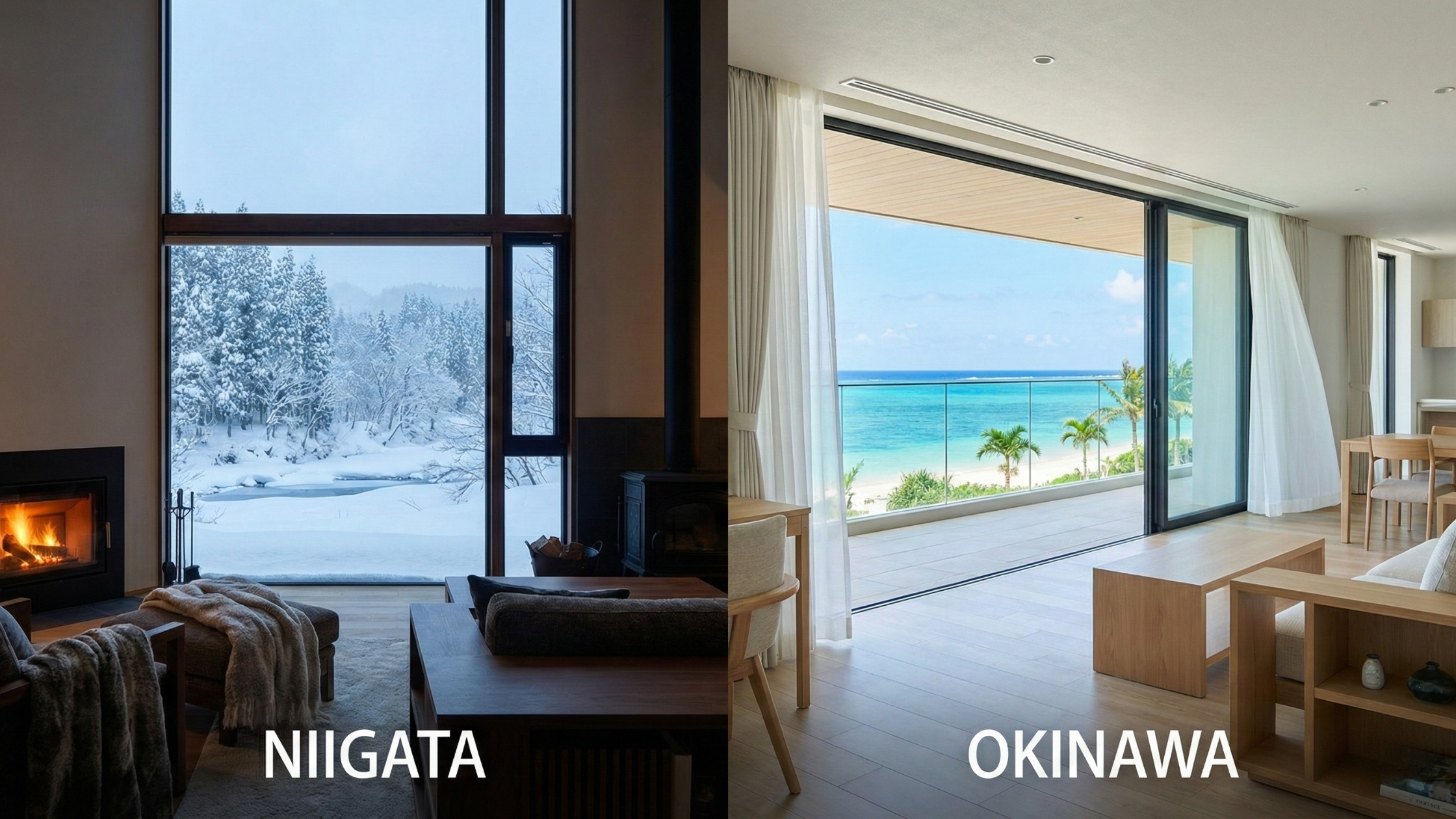 split-screen architectural shot showing the view from inside two luxury Japanese homes. Left Side: Looking out a large window at a deep snowy winter landscape in Niigata, with a warm cozy interior. Right Side: Looking out a large window at a bright turquoise Okinawa ocean and white beach,