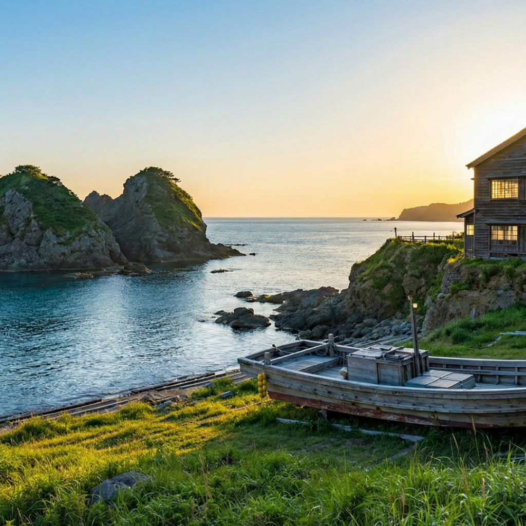 The scenic Futatsugame (Two Turtles) rocks on the coast of Sado Island at golden hour, highlighting the region's UNESCO World Heritage landscape and "Blue Ocean" investment potential