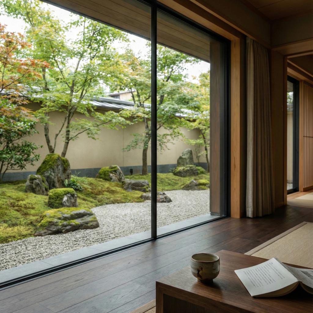 A beautiful wooden desk with a view of a Japanese garden or snow. A cup of tea and architectural plans.