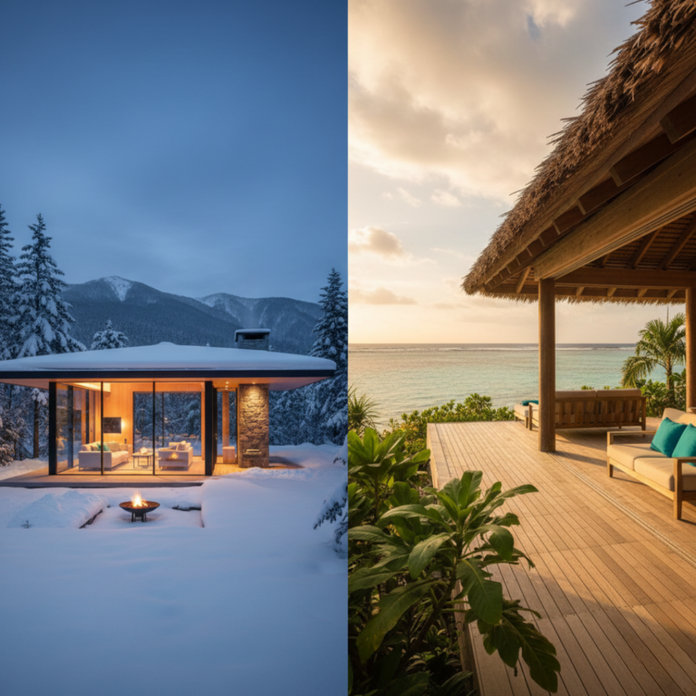 A split-screen architectural photograph illustrating a dual lifestyle in Japan. On the left side: A modern, snow-covered luxury ski chalet in Niigata at dusk, glowing warm light from large windows, deep blue and cold white tones. On the right side: A sun-drenched, expansive