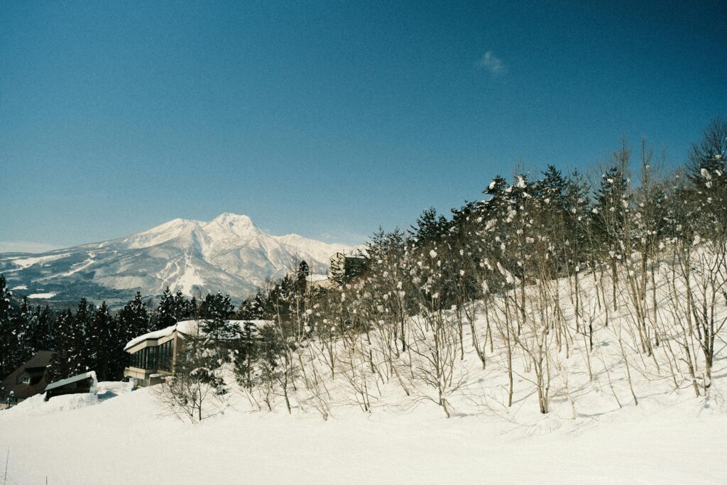 Snow-covered landscape with mountain view in Japan's Alps, ideal for winter sports.