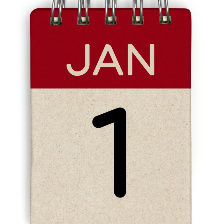 A close-up of a calendar, prominently showing December 31st of one year crossed out with a red X, and January 1st of the next year circled, with "2026" clearly visible. Beside it, Japanese yen coins/bills on a scale or balance, visually representing the tax difference.