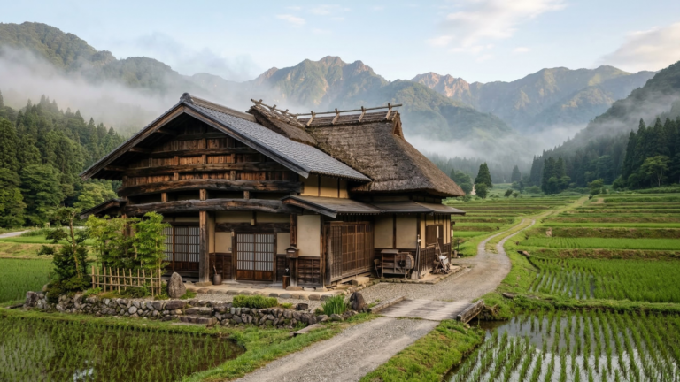 Traditional Japanese kominka farmhouse in rural Niigata surrounded by mountains and rice fields, representing heritage real estate in Japan.