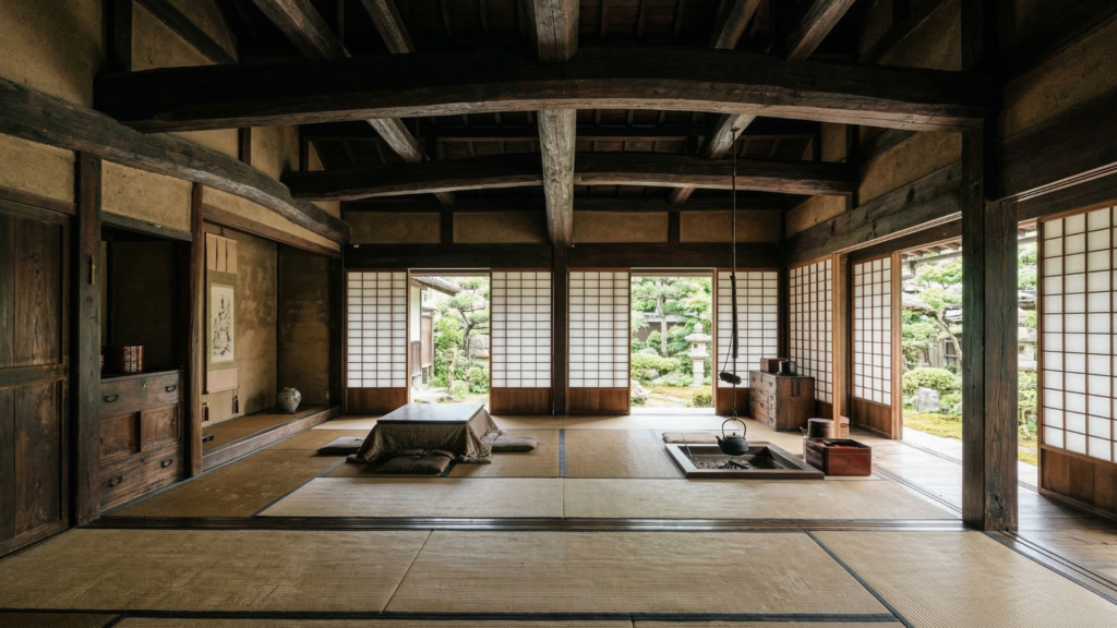 Interior of an old Japanese kominka house with exposed wooden beams, tatami flooring, and aged structure before renovation.