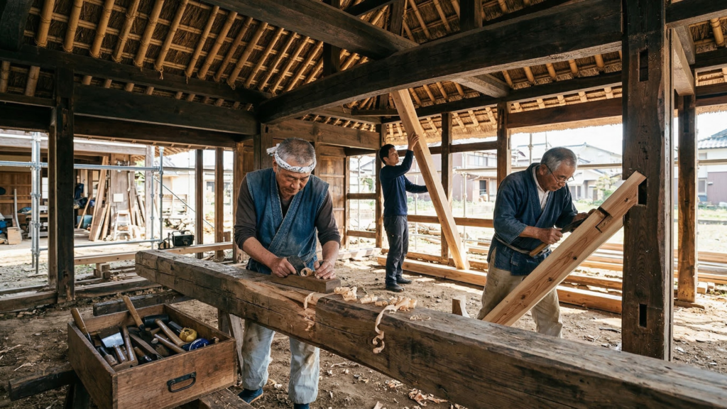 Japanese craftsmen restoring a traditional wooden kominka house using traditional carpentry techniques during renovation.