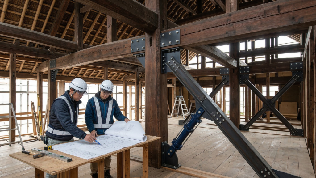 Structural reinforcement inside a traditional Japanese wooden house with steel brackets and seismic support elements.