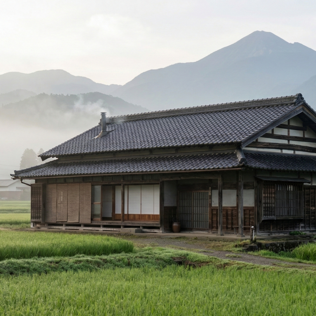 Traditional Japanese kominka house in rural countryside surrounded by rice fields and mountains during early morning light.