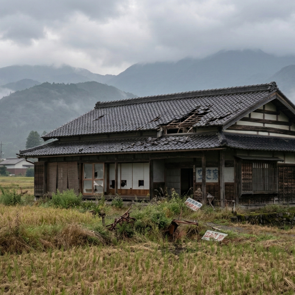 Abandoned Japanese akiya house with damaged roof tiles and overgrown garden in a quiet rural village.