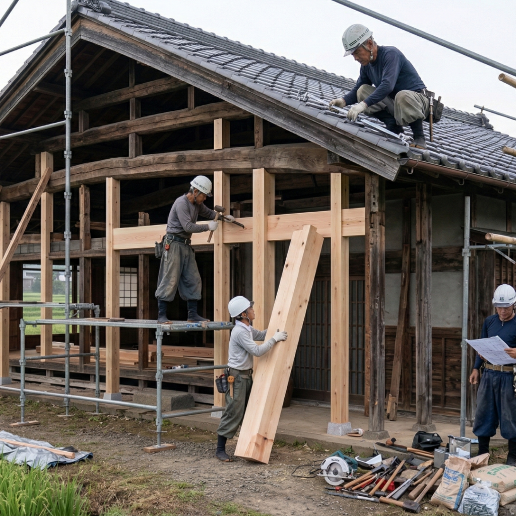Japanese carpenters renovating a traditional wooden kominka house with exposed beams and construction scaffolding.