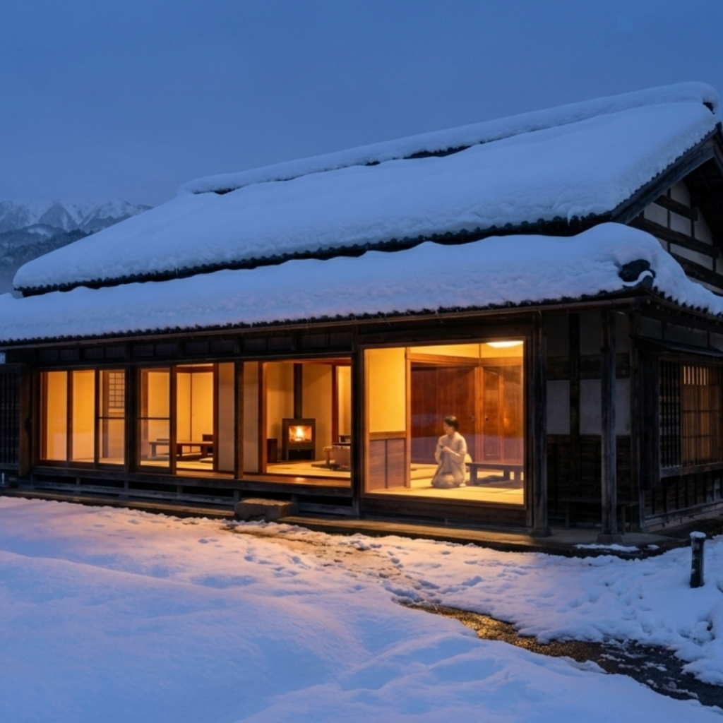 Renovated traditional Japanese house covered in snow in a mountain village near a ski resort in Niigata.