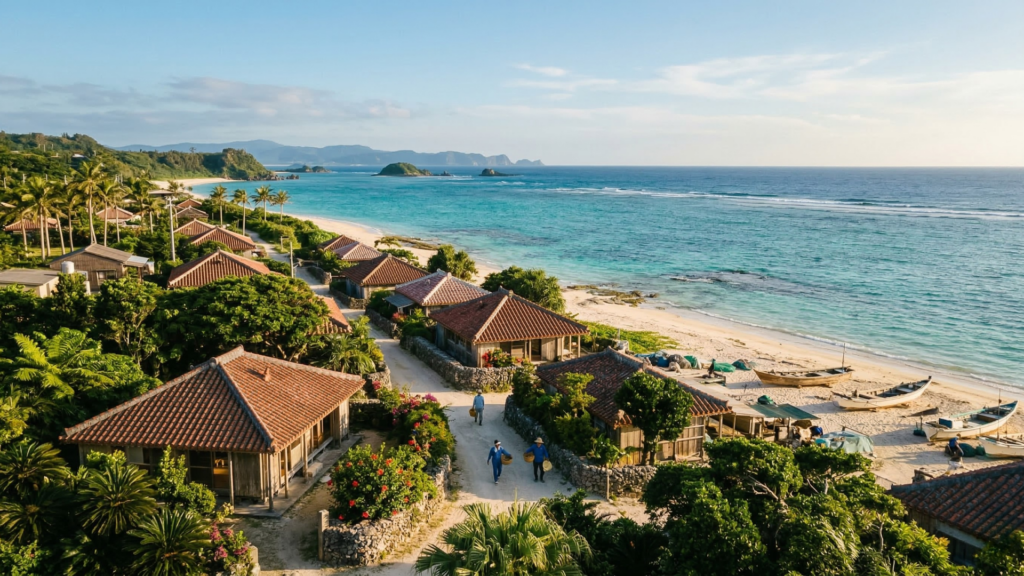 Snow-covered traditional village in Niigata Japan with wooden houses surrounded by mountains.