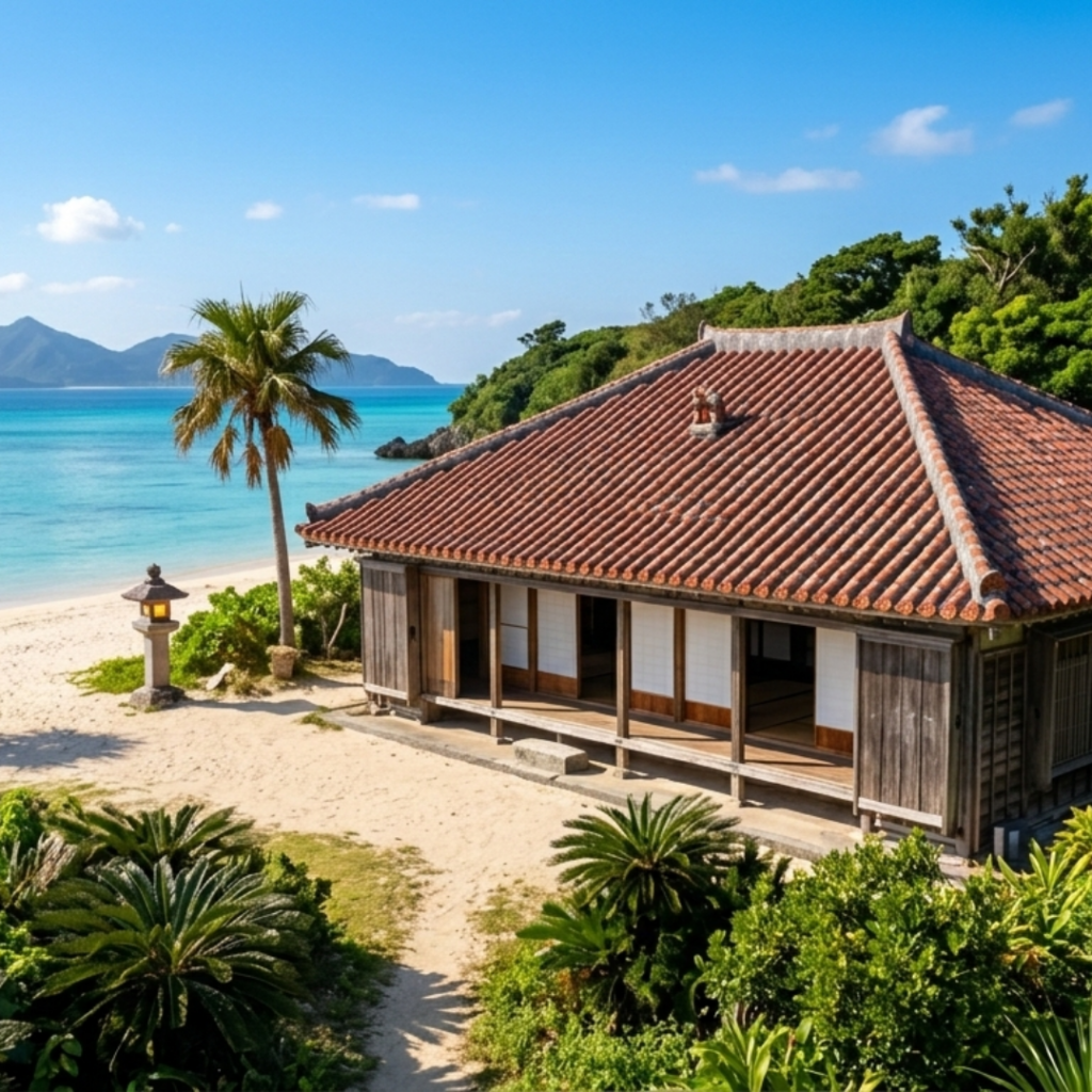 Interior of a renovated traditional Japanese house with tatami floors, wooden beams, and modern minimalist design.