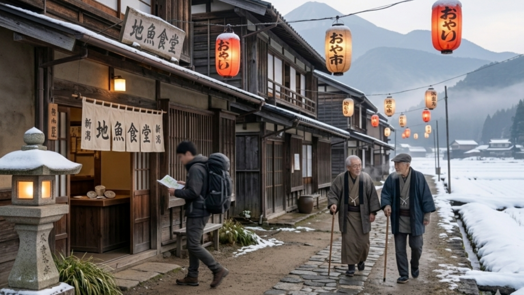 Small town street in rural Japan with traditional buildings and visitors exploring a quiet regional tourism destination.