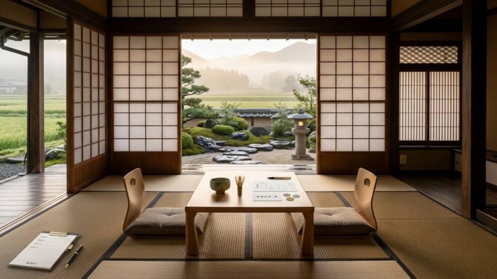 Traditional Japanese ryokan interior with tatami mats, low table, and garden view representing authentic hospitality in regional Japan.