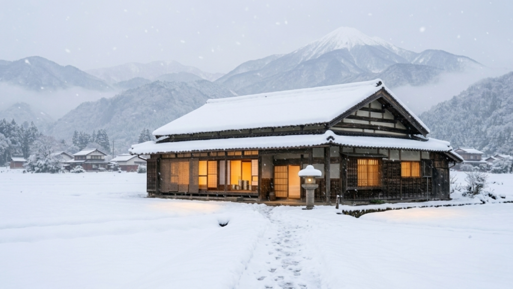Snow-covered village in Niigata Prefecture with traditional houses and mountains, showing the region’s winter tourism environment.