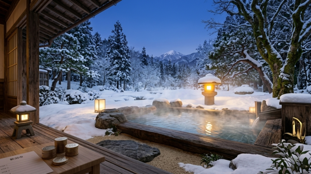 Outdoor hot spring bath surrounded by forest and snow in rural Japan, illustrating relaxation and traditional wellness tourism.