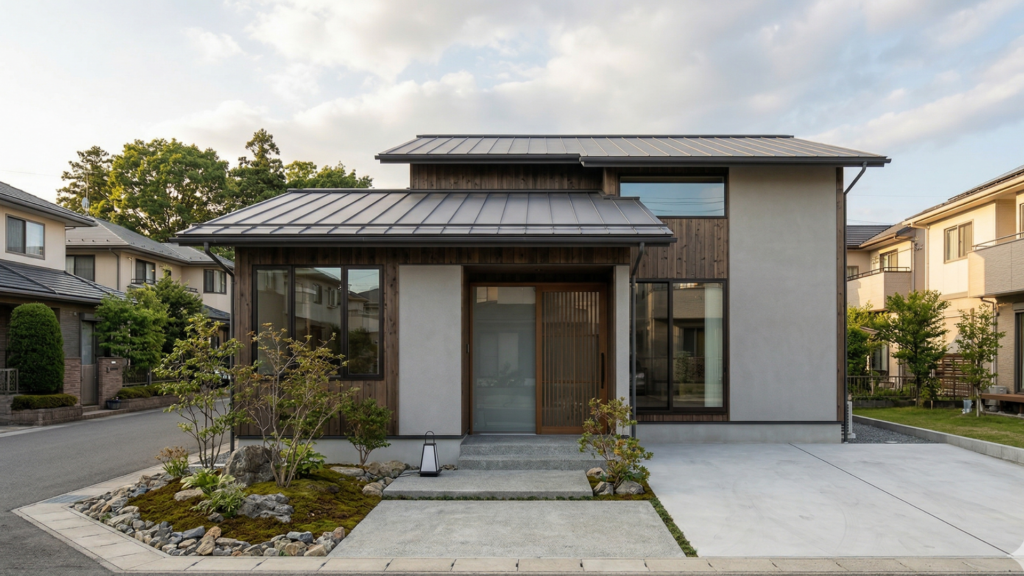 A front exterior view of a modern Japanese residential home. The house has a grey and brown facade with dark pitched roofs, large windows, and a frosted glass door with wooden slats. A neat rock and plant garden is in the left foreground, next to a concrete driveway and steps leading up to the entrance. The house is situated on a quiet residential street with neighboring homes and trees under a cloudy sky.