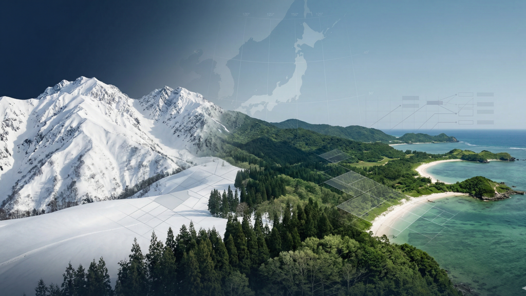 A wide hero image blending snowy Japanese mountains and a tropical coastline with subtle map overlays, representing Japan’s resort markets under increasing regulatory scrutiny.