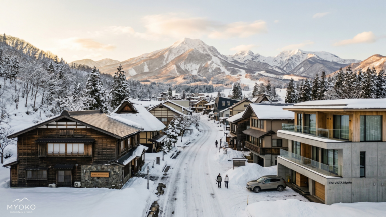 Myoko ski resort landscape in winter showing the area where land prices are rising due to luxury development