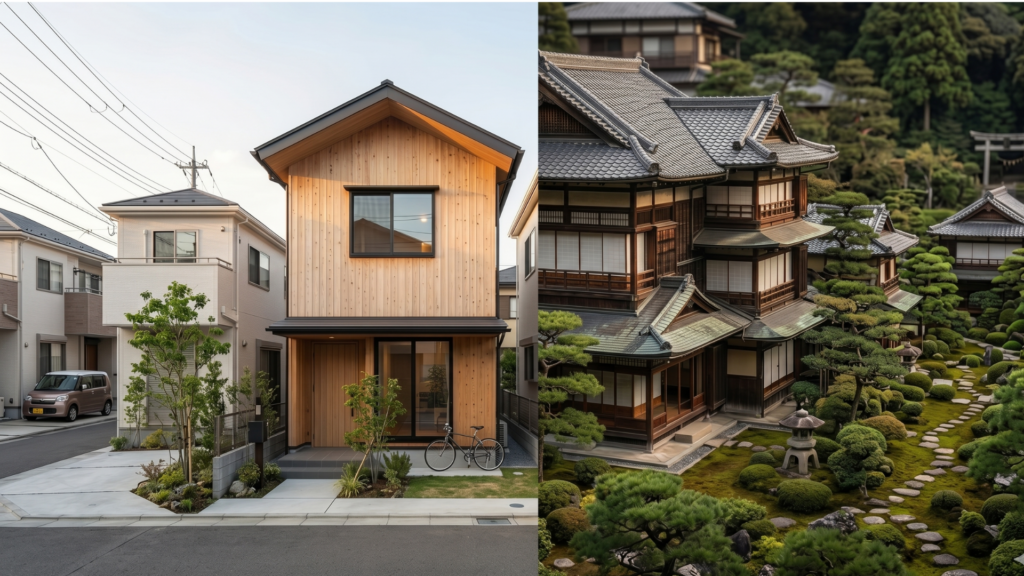 Traditional Japanese house in a snowy rural landscape contrasted with a coastal villa in a warm Okinawan setting, representing two real estate markets.