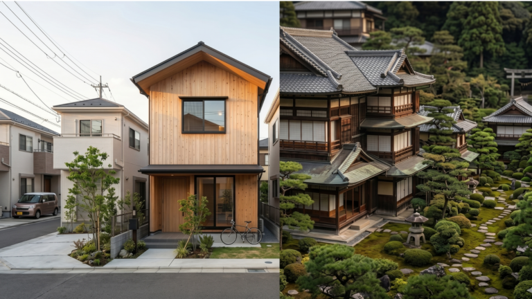 Traditional Japanese house in a snowy rural landscape contrasted with a coastal villa in a warm Okinawan setting, representing two real estate markets.