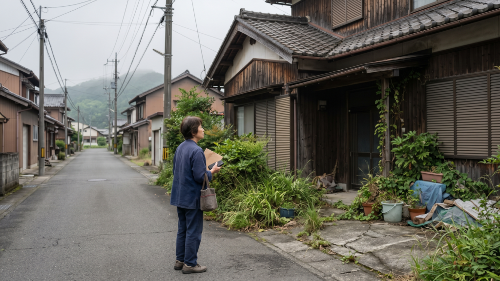 Person standing outside an older Japanese house, appearing to assess the property in a quiet residential area.