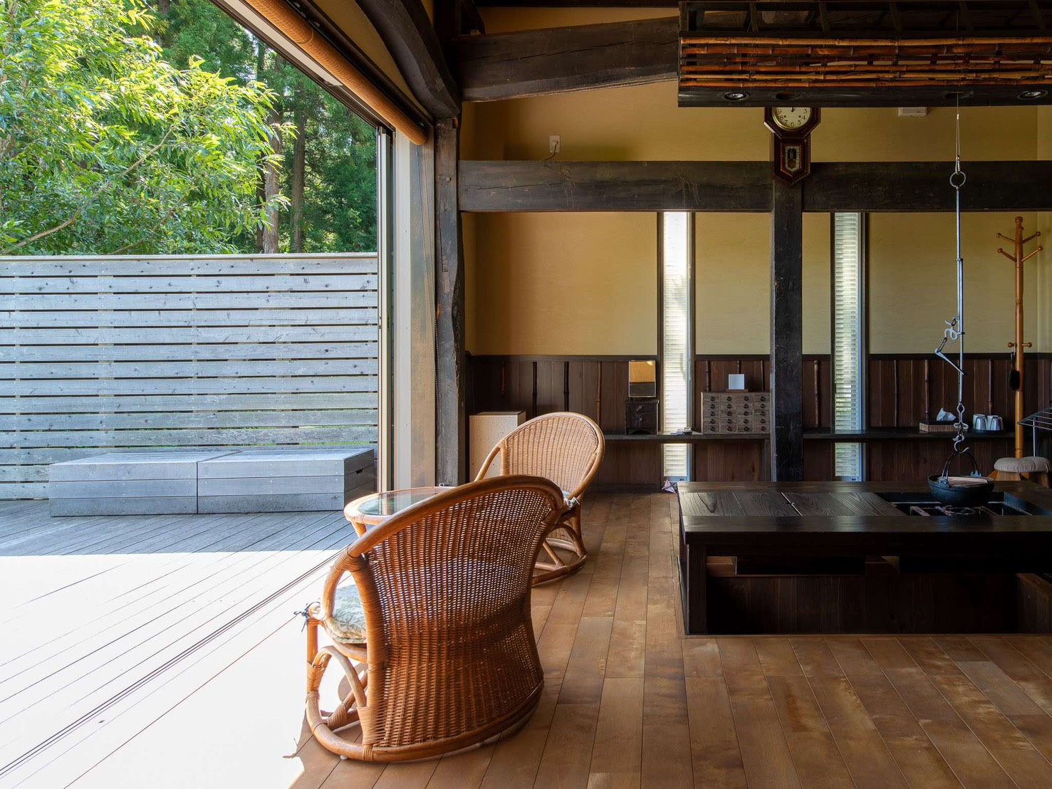 Main room with irori hearth and open shoji to the engawa deck