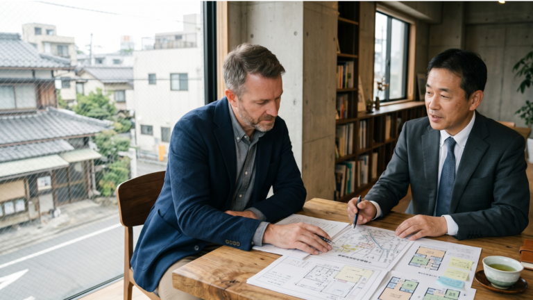 A foreign real estate investor reviews Japanese property documents with a Japanese representative in a quiet office in Japan. Maps, contracts, and architectural plans are spread across the table, reflecting the complexity of buying property in Japan without speaking Japanese.