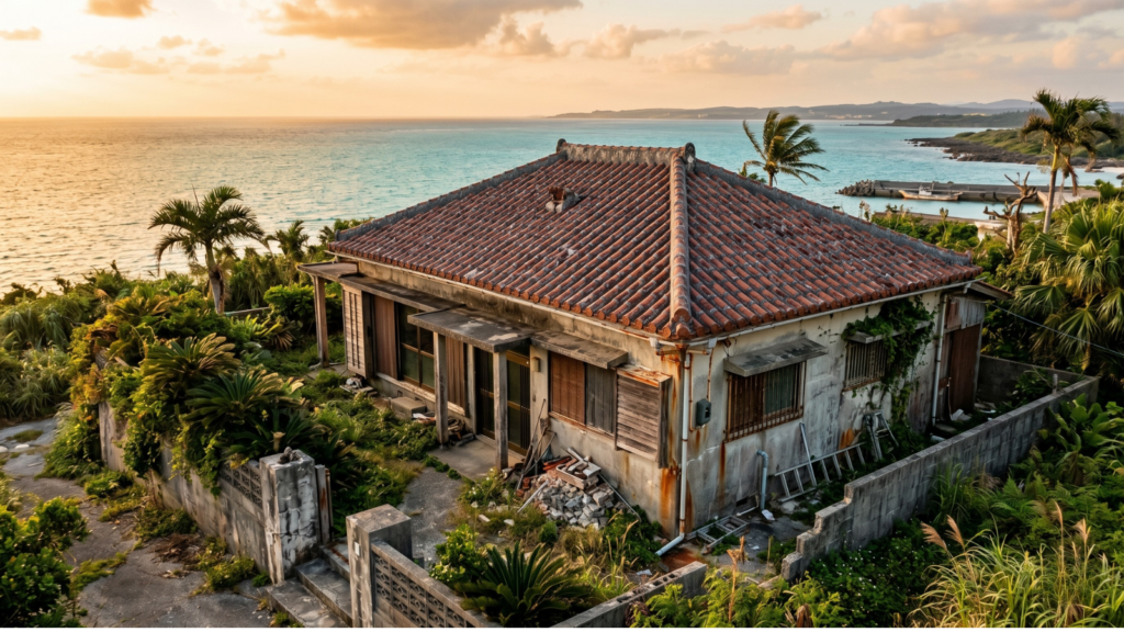 A weathered Okinawan coastal house overlooking the ocean at sunset. The property appears charming and affordable at first glance, but signs of age, salt-air exposure, and maintenance needs hint at the hidden realities of buying older real estate in Japan.