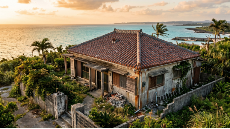A weathered Okinawan coastal house overlooking the ocean at sunset. The property appears charming and affordable at first glance, but signs of age, salt-air exposure, and maintenance needs hint at the hidden realities of buying older real estate in Japan.