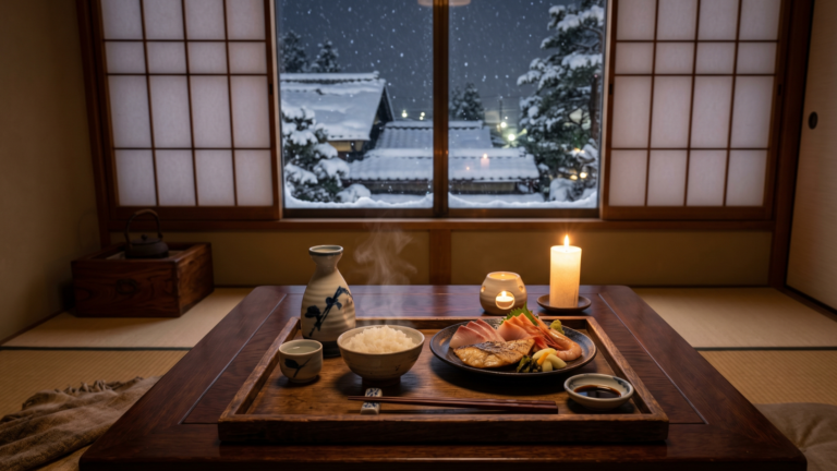 A winter evening meal at a traditional Niigata inn — local sake, fresh seafood, and new-harvest rice from one of Japan's most celebrated food regions.