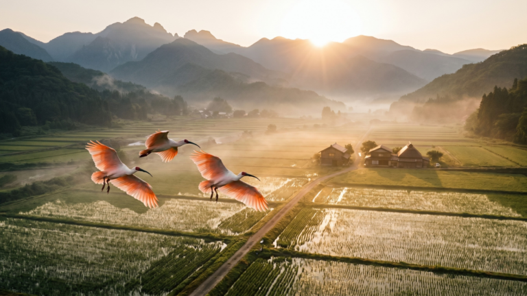 An aerial view of three rare Japanese crested ibises (toki) flying low over the misty, golden rice paddies of Sado Island at sunrise, with mountains in the background