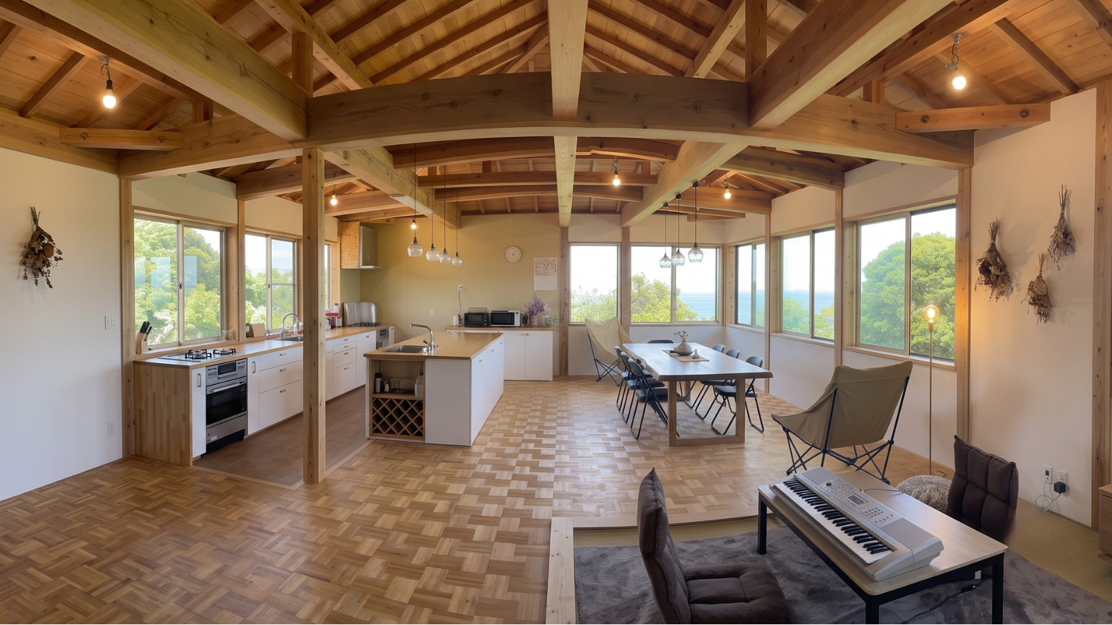 Open kitchen and dining space with vaulted wood-beamed ceiling at La Colline, Sado Island