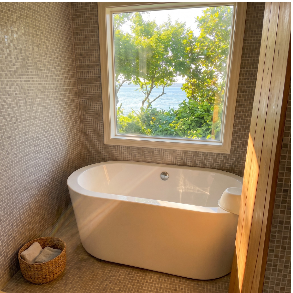 Bathroom with a soaking tub and garden view at La Colline, Sado Island