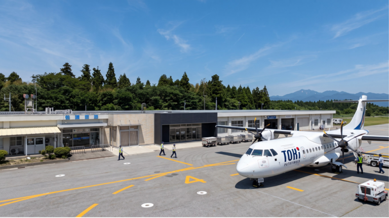 TOKI Air ATR42-600 aircraft parked at Sado Airport, with ground staff and mountains in the background