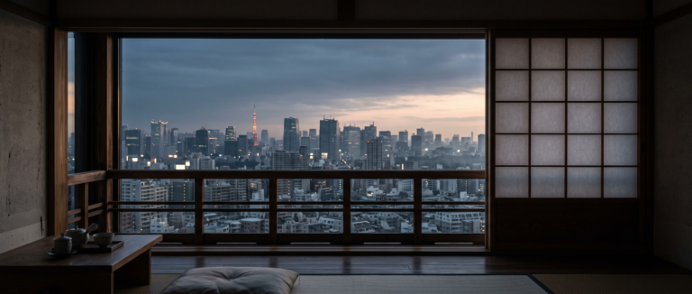 Tokyo rooftops quiet morning" — "Tokyo view through window calm" — "Tokyo residential rooftops muted light