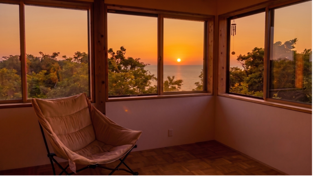 Sunset view over the sea from La Colline's terrace on Sado Island, Niigata