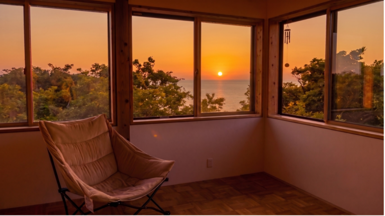 Sunset view over the sea from La Colline's terrace on Sado Island, Niigata