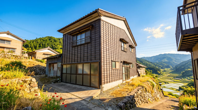 A dark-timber traditional Japanese house on a hillside, overlooking terraced rice fields and green mountains at golden hour.