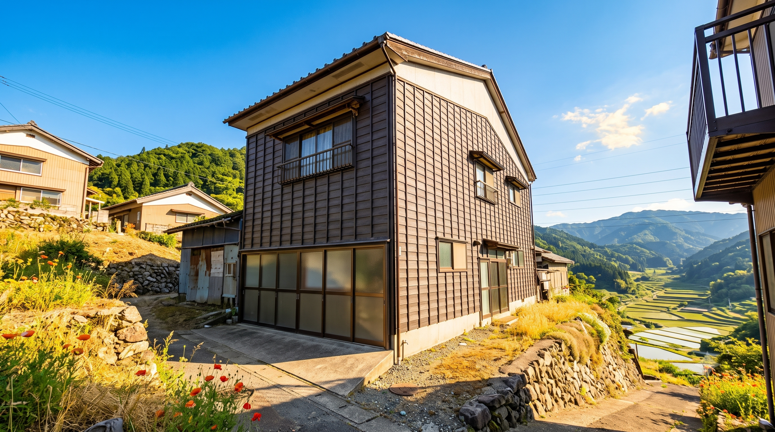 A dark-timber traditional Japanese house on a hillside, overlooking terraced rice fields and green mountains at golden hour.